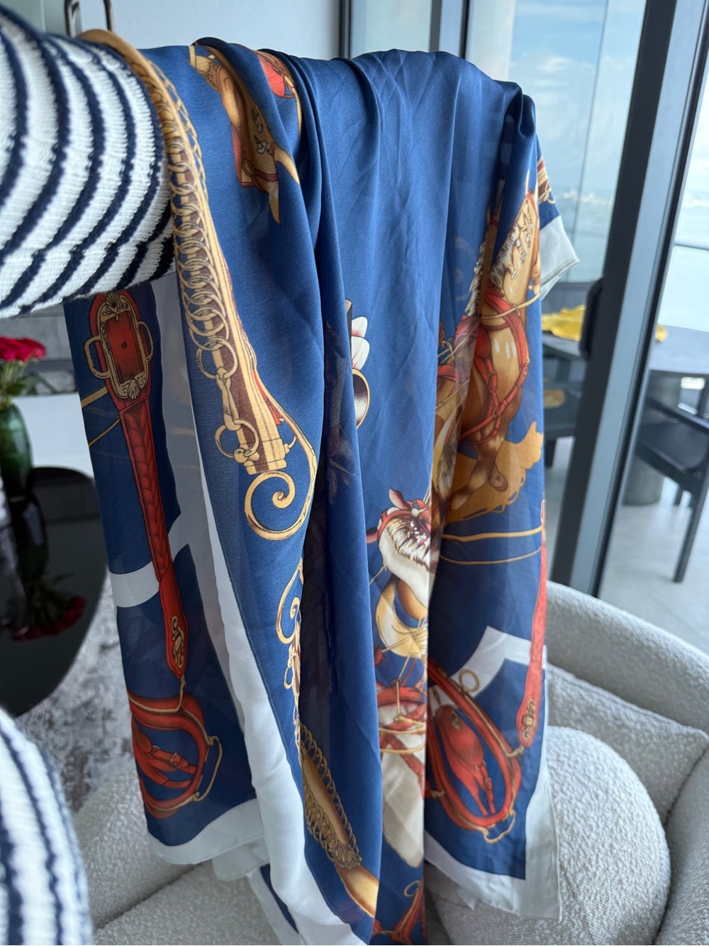 Designer-style Navy and Gold Equestrian Print Silk Long Scarf Wrap